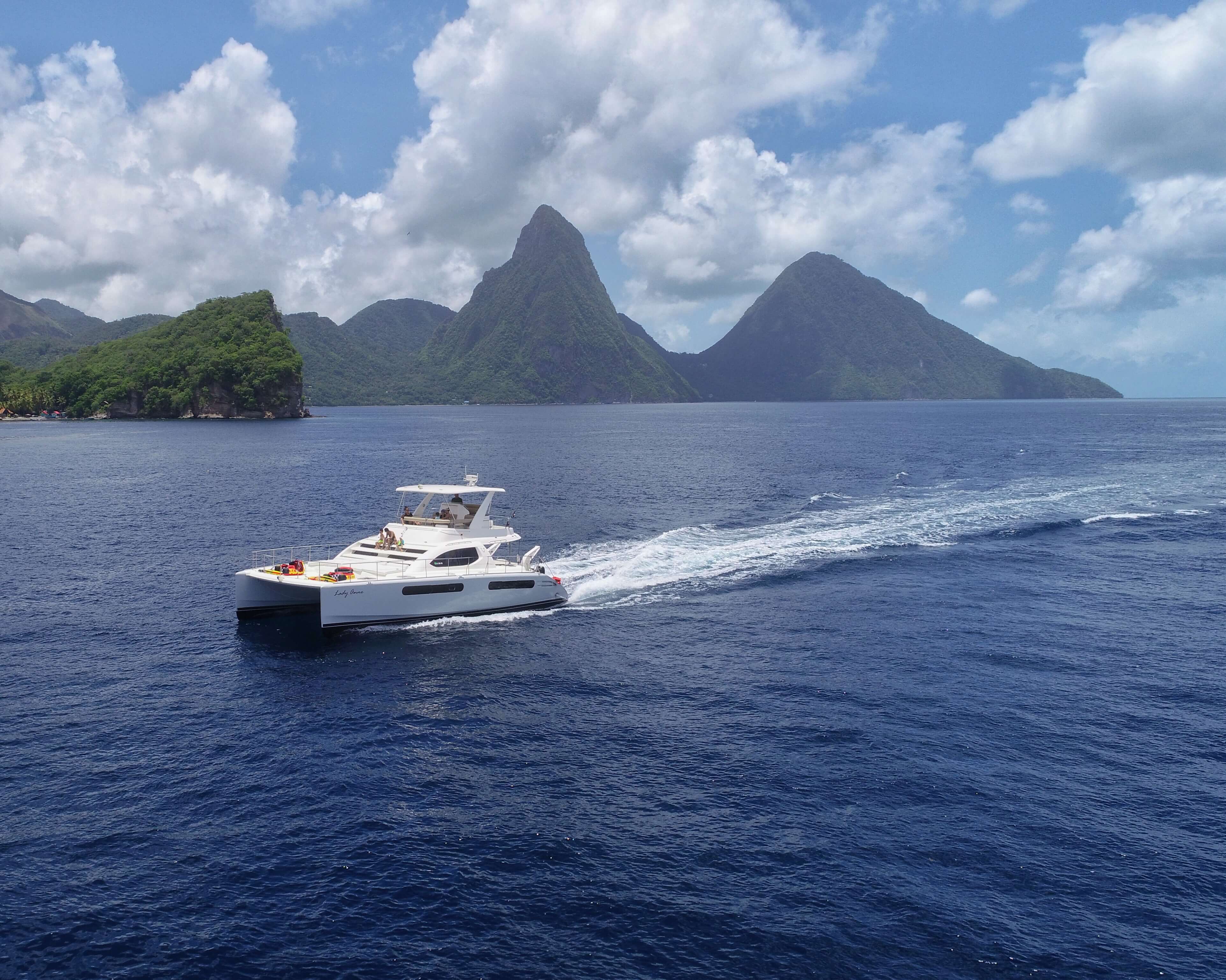 Catamaran anchored below the Pitons in Saint Lucia