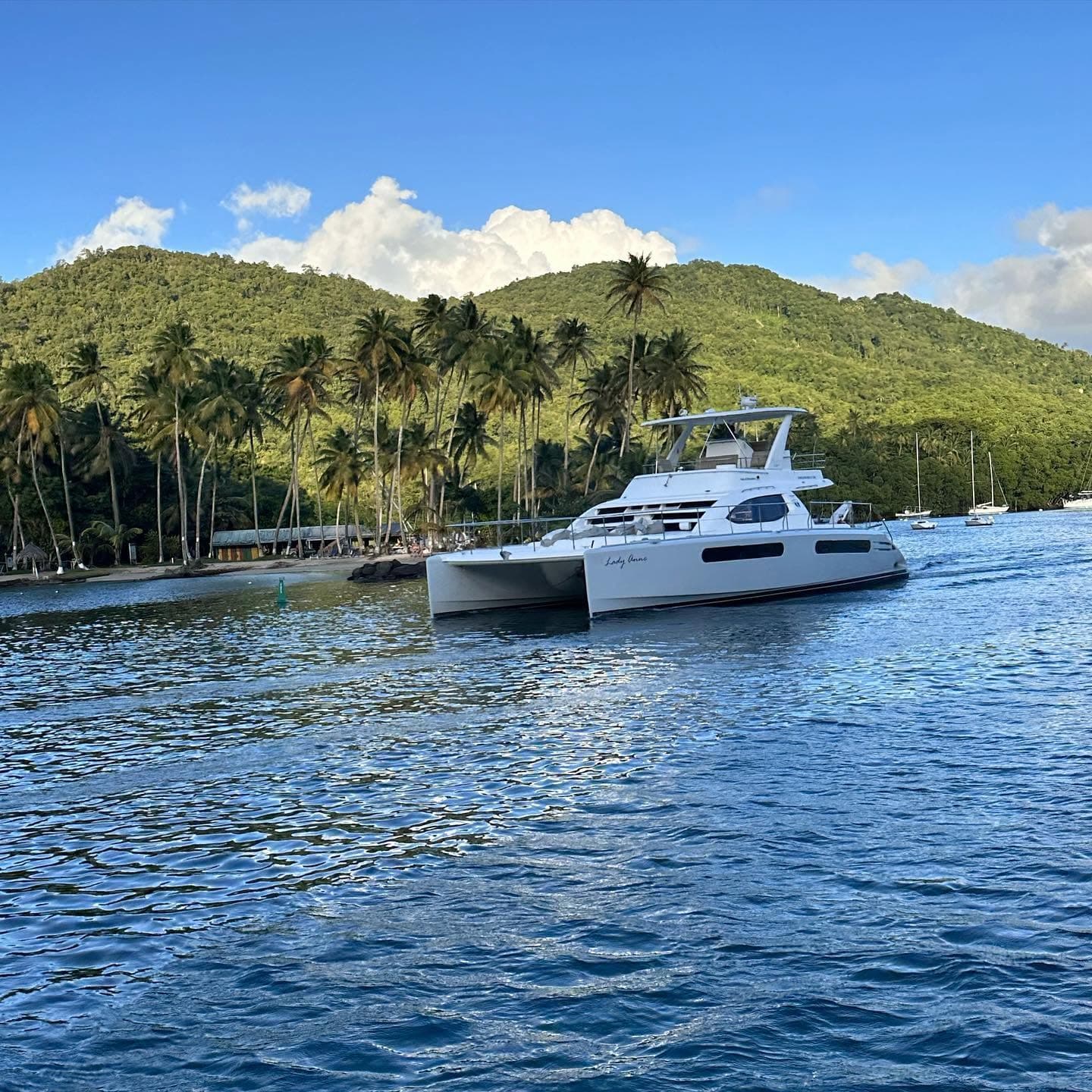 Luxury catamaran deck overlooking a Saint Lucia bay