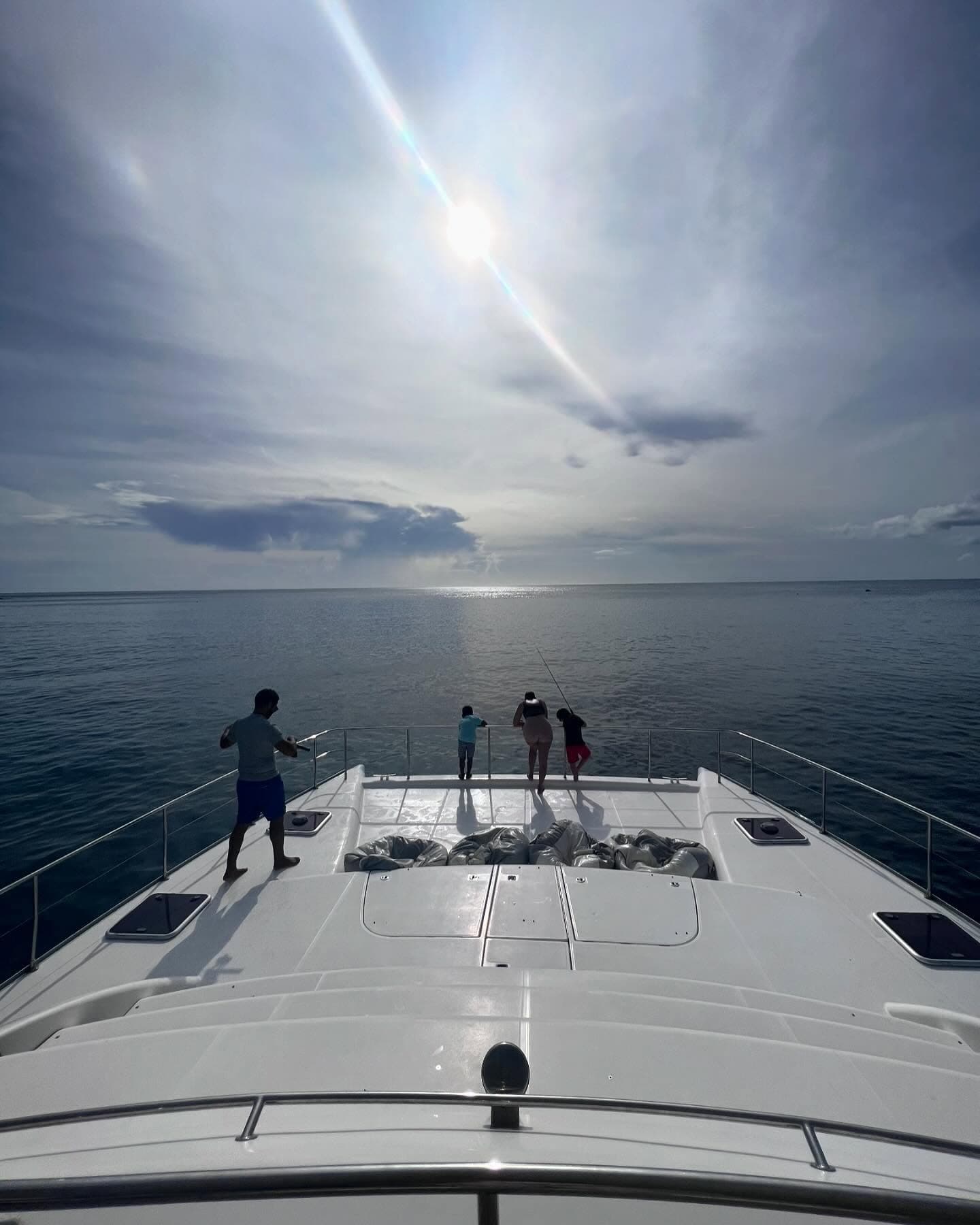 Forward deck of 50ft Luxury Power Cat looking out over open Caribbean water