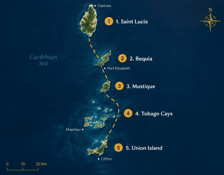 Route map from Saint Lucia south through Bequia, Mustique, Tobago Cays, and Union Island